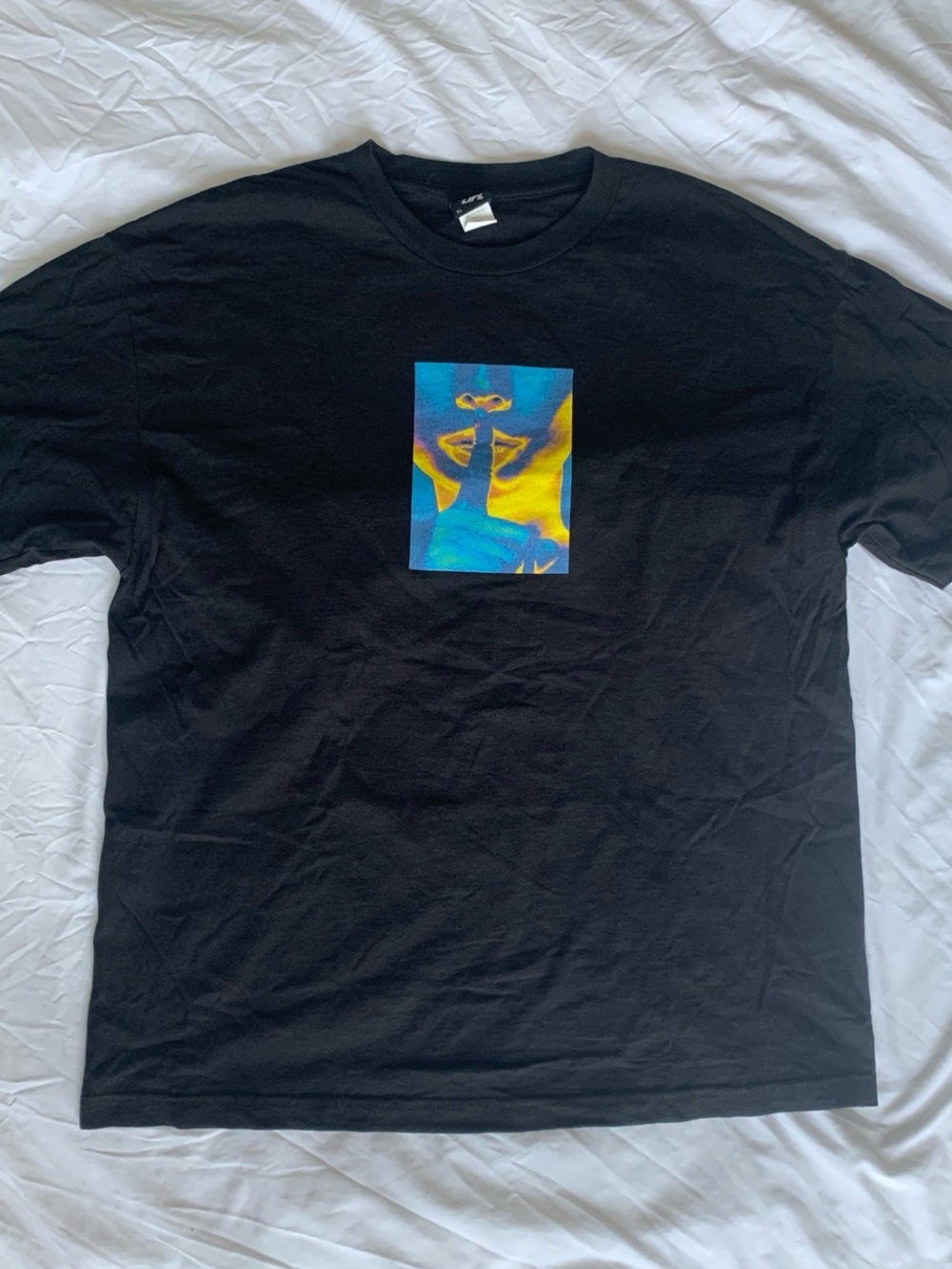 Black Crewneck T-Shirt with Blue & Yellow Graphic